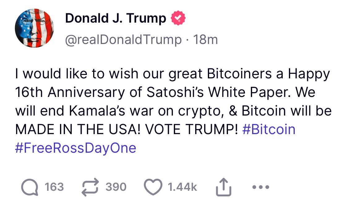 Trump Marks Bitcoin’s 16th Anniversary, Vows to End Crypto War and Free Ross