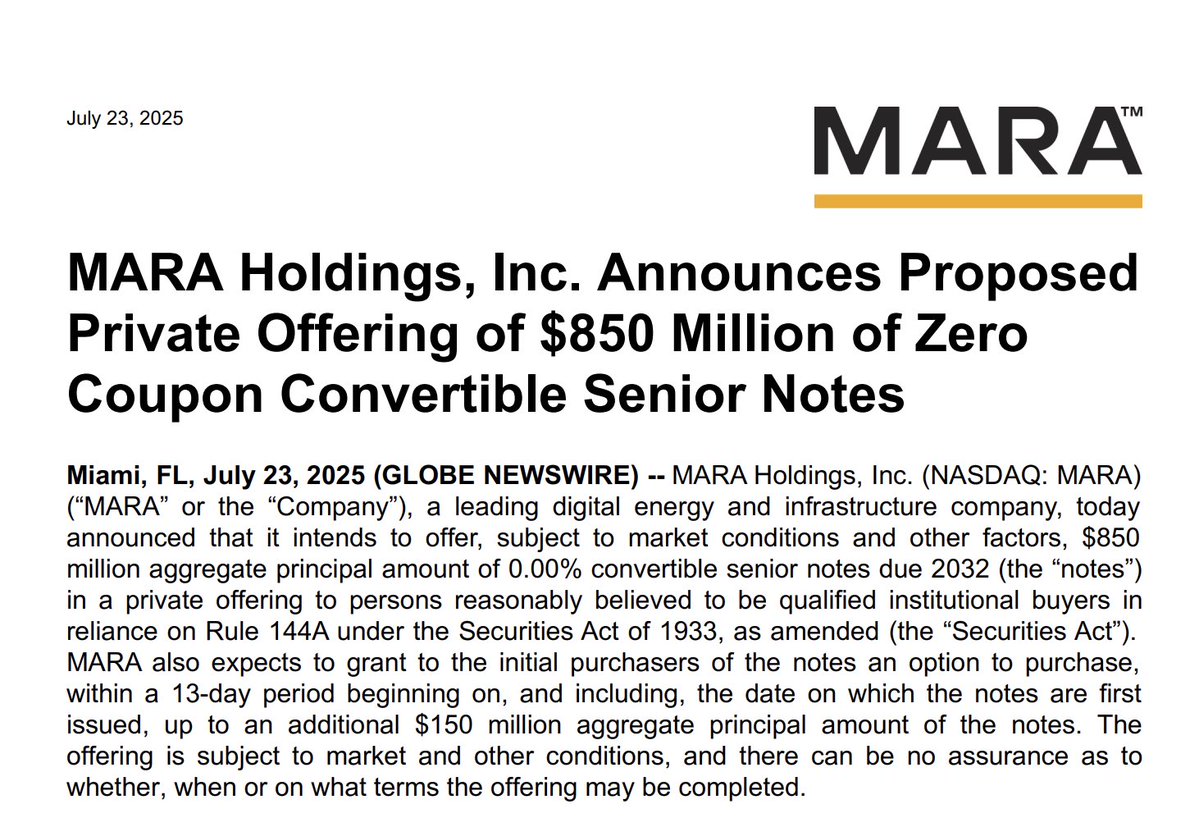 Bitcoin Miner MARA Plans $850 Million Zero-Coupon Convertible Notes Offering